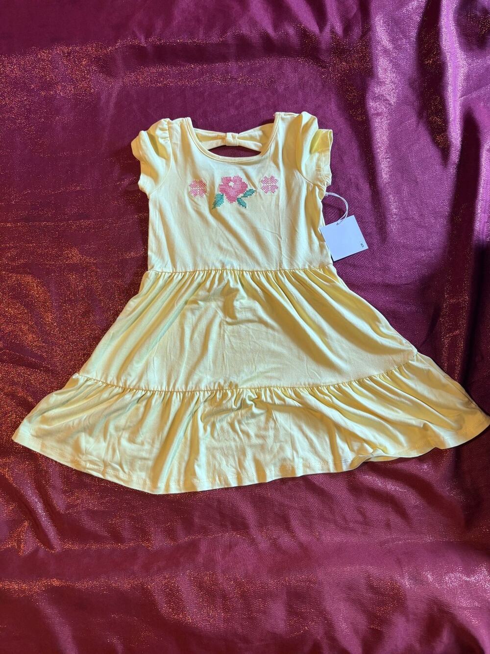 btween Dress Girls 5 Yellow Short Sleeve Bow Back Floral Embroidered Tiered
